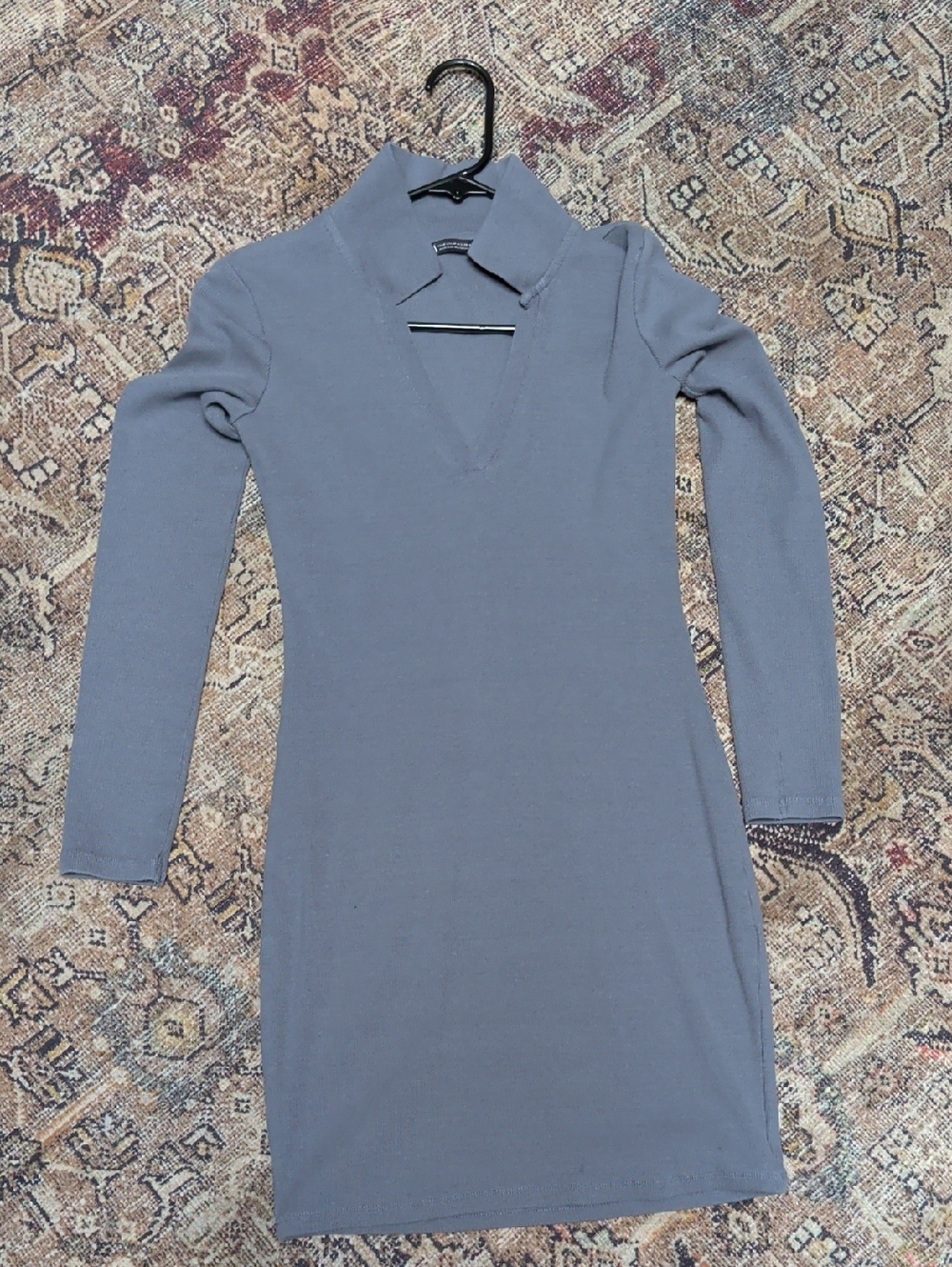 Zara Slate Gray Collared V-Neck Long-Sleeve Knit Dress